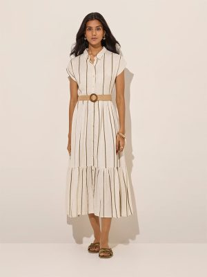 LOV Off-White Striped Linen-Blend Tiered Shirt Dress with Belt