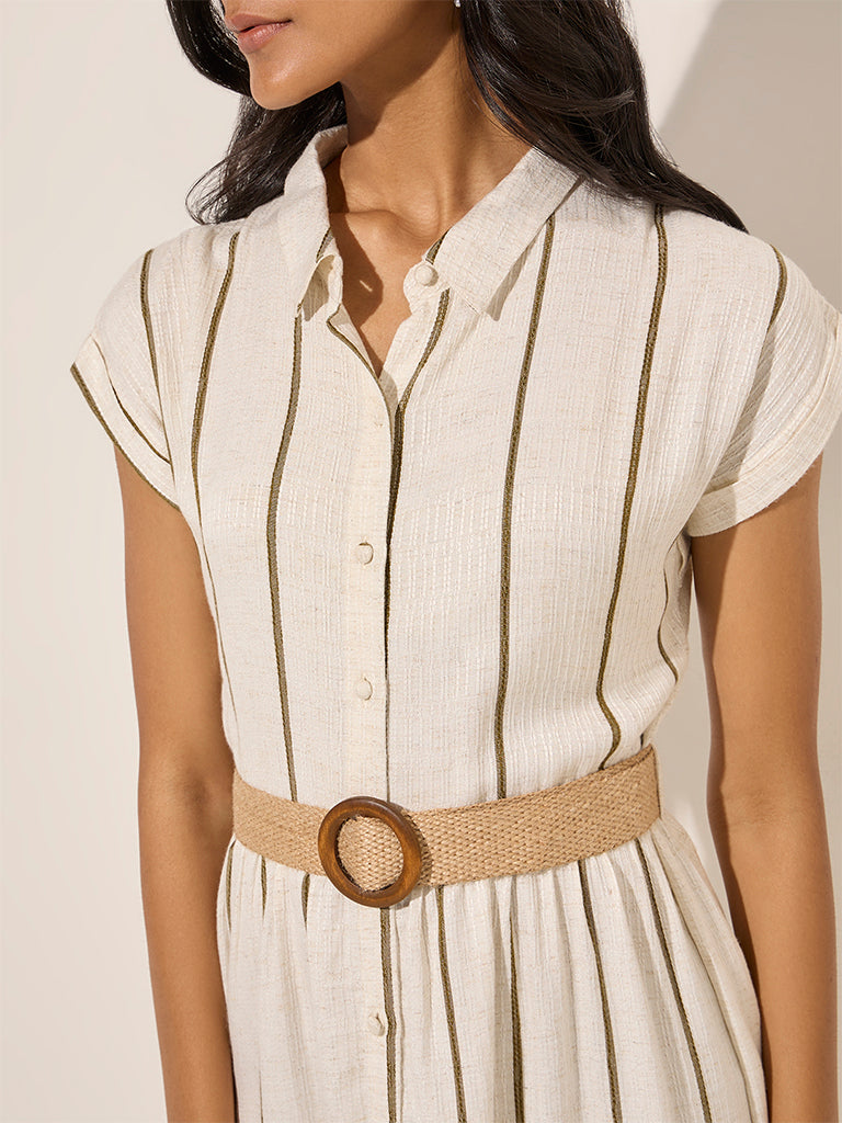 LOV Off-White Striped Linen-Blend Tiered Shirt Dress with Belt - Image 2