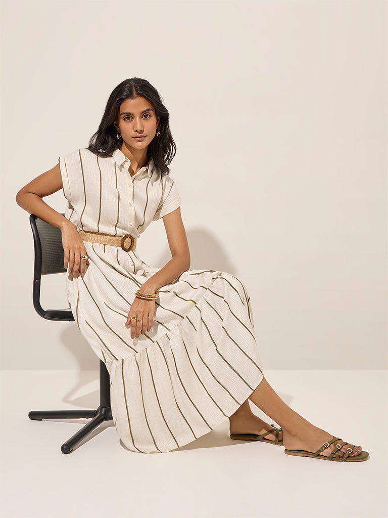 LOV Off-White Striped Linen-Blend Tiered Shirt Dress with Belt - Image 3