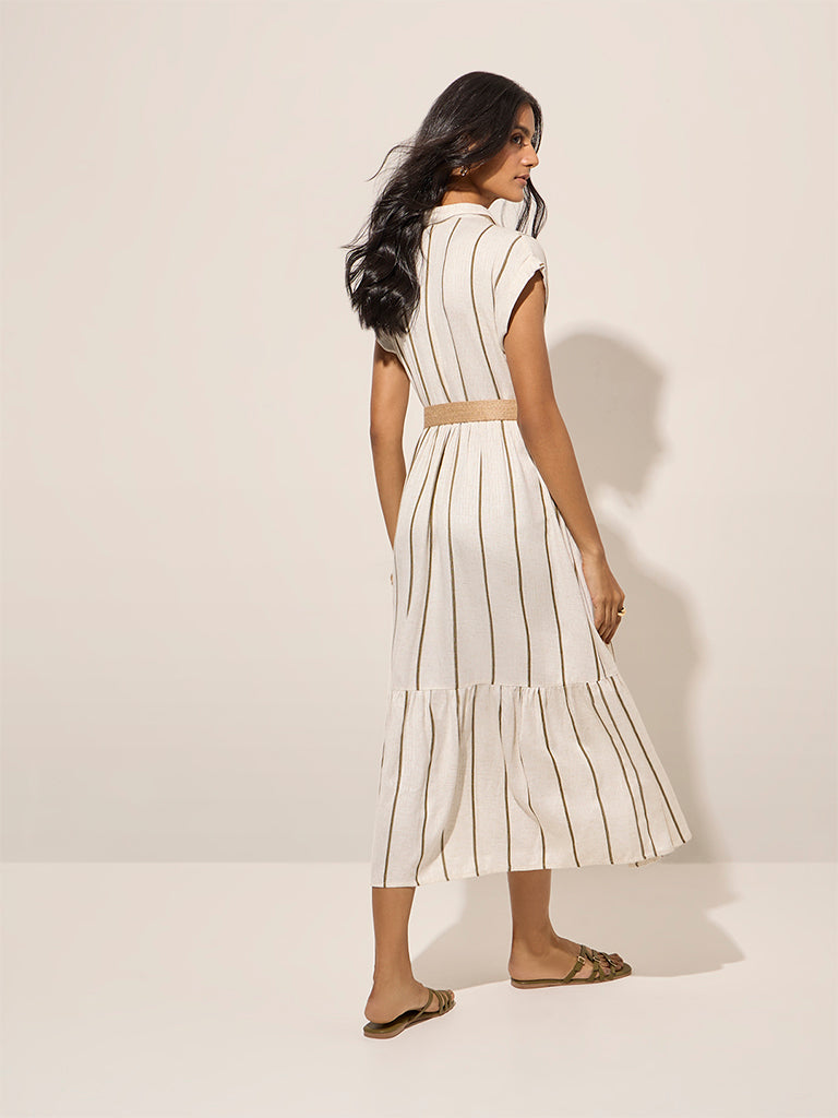 LOV Off-White Striped Linen-Blend Tiered Shirt Dress with Belt - Image 4