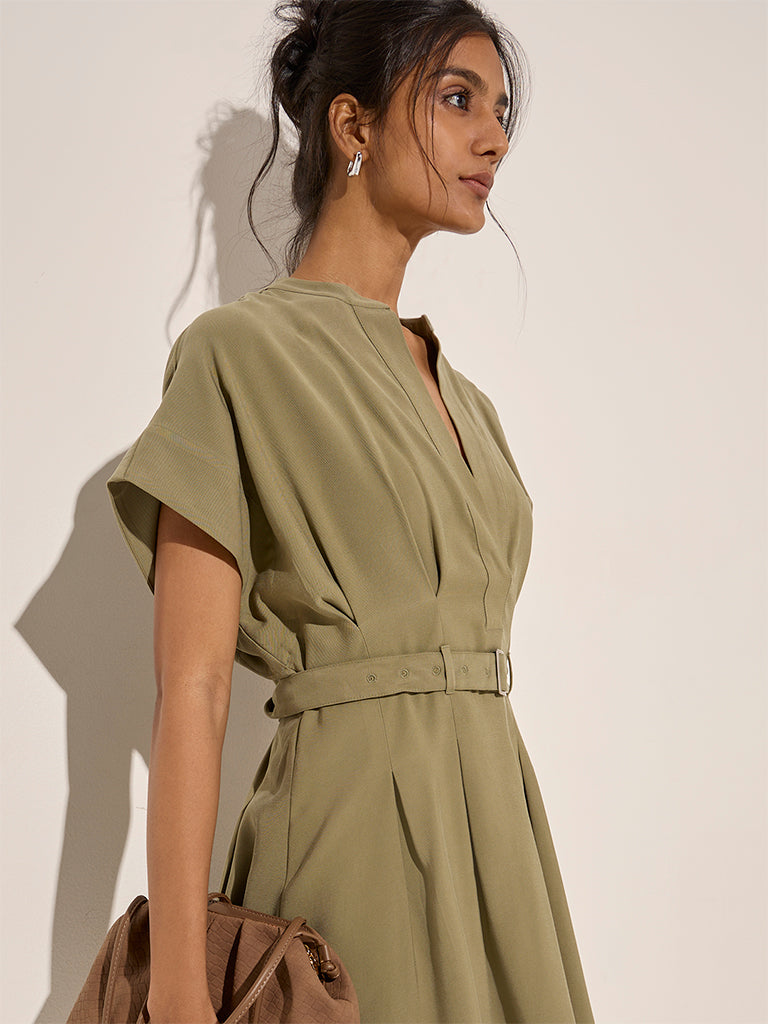 LOV Olive Solid A-Line Dress with Belt - Image 2