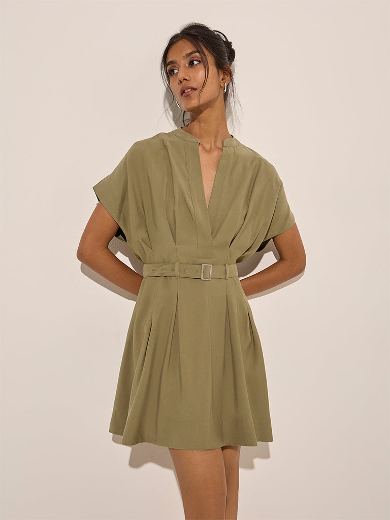 LOV Olive Solid A-Line Dress with Belt - Image 3