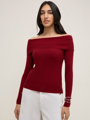 LOV Burgundy Ribbed Off-Shoulder Top