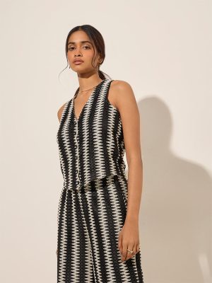 LOV Black Abstract Pattern Knitted Waistcoat-Style Top