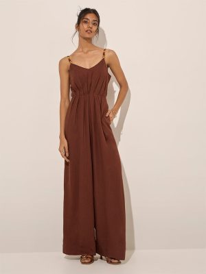 LOV Brown Solid Linen-Blend Jumpsuit