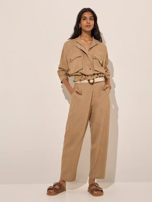 LOV Taupe Linen-Blend High-Rise Pants