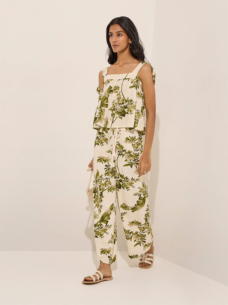 LOV Off-White Printed Mid-Rise Linen-Blend Pants