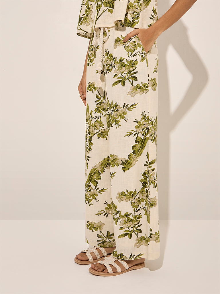 LOV Off-White Printed Mid-Rise Linen-Blend Pants - Image 4