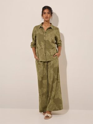 LOV Olive Botanical Design High-Rise Cotton Pants