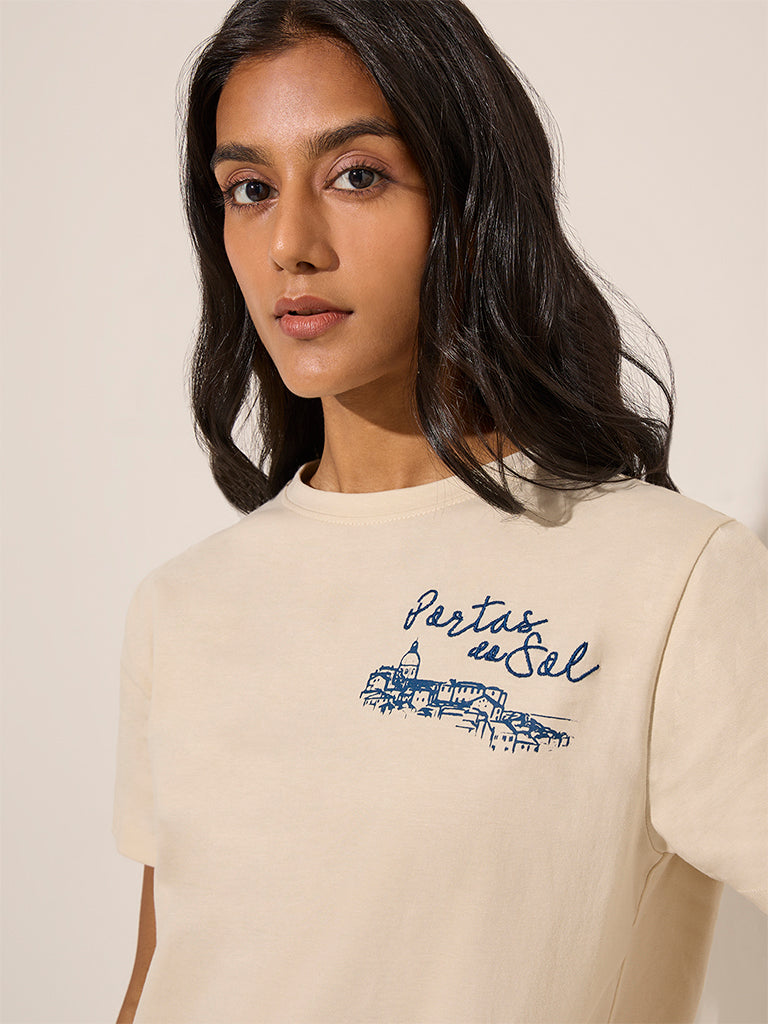 LOV Off-White Text-Detailed Cotton T-Shirt - Image 2