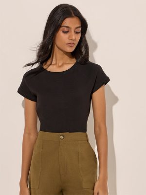 LOV Black Solid Cotton T-Shirt