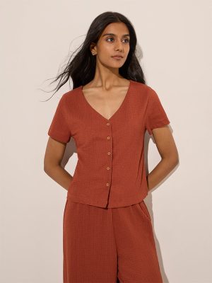 LOV Rust Textured Cotton-Blend Top