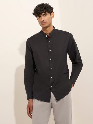 Ascot Black Solid Relaxed-Fit Linen-Blend Shirt
