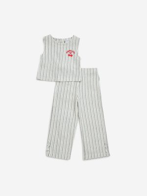 HOP Kids Off-White Striped Cotton-Blend Top with Pants Set