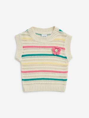 HOP Kids Multicolour Striped Crochet-Detailed Cotton Top