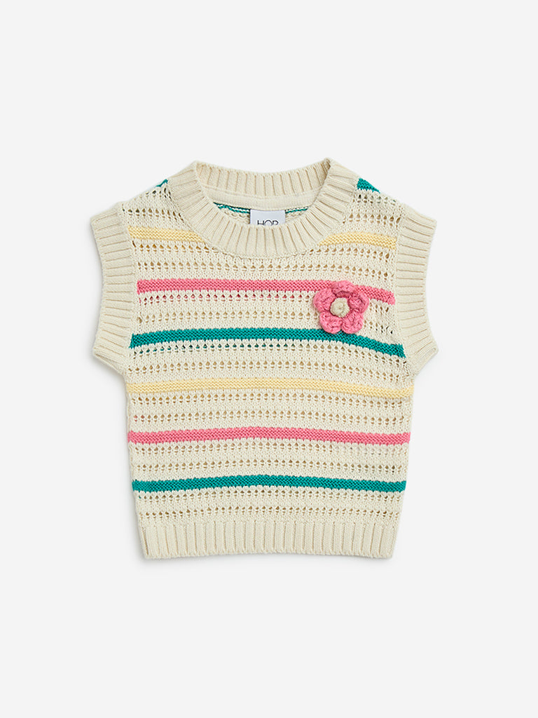HOP Kids Multicolour Striped Crochet-Detailed Cotton Top
