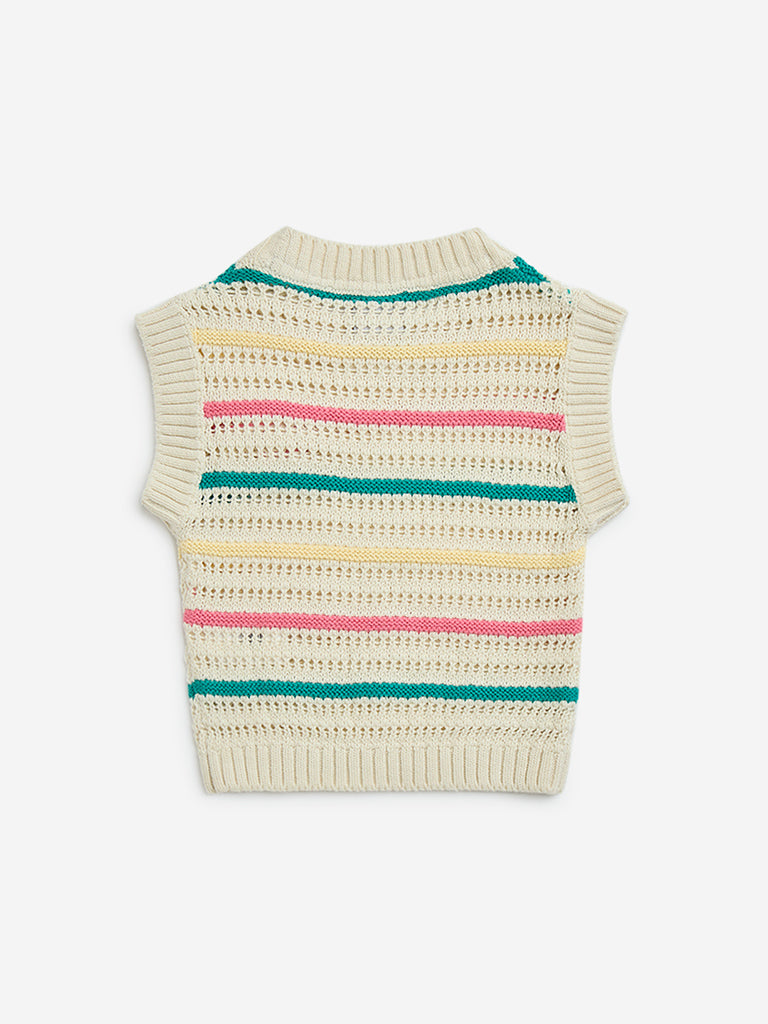 HOP Kids Multicolour Striped Crochet-Detailed Cotton Top - Image 2