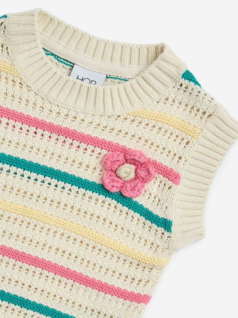 HOP Kids Multicolour Striped Crochet-Detailed Cotton Top - Image 3