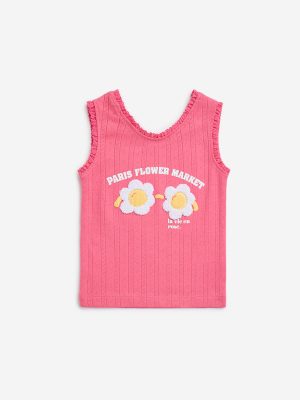 HOP Kids Pink Floral Embroidered Cotton Top