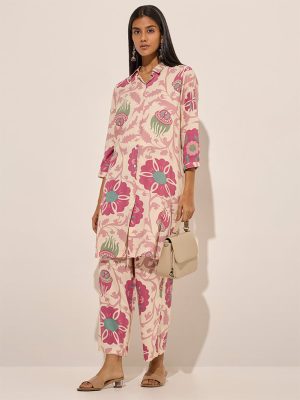 Utsa Pink Floral Printed High-Low Cotton Kurta