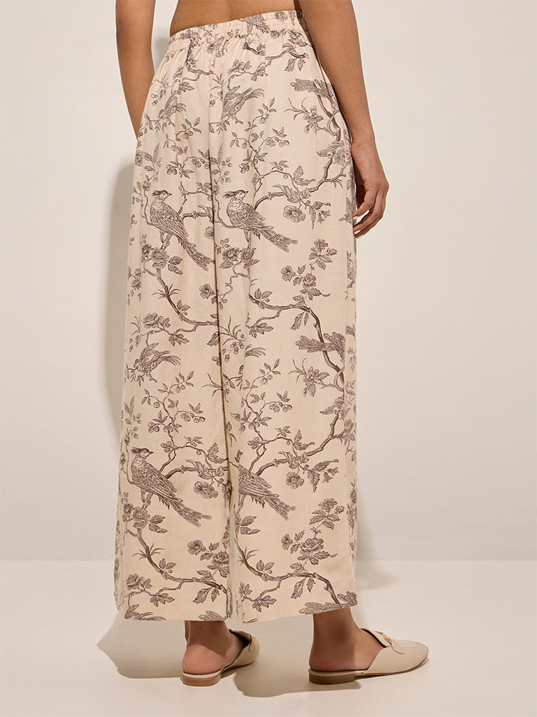 Zuba Beige Nature-Themed Cotton Palazzos - Image 2