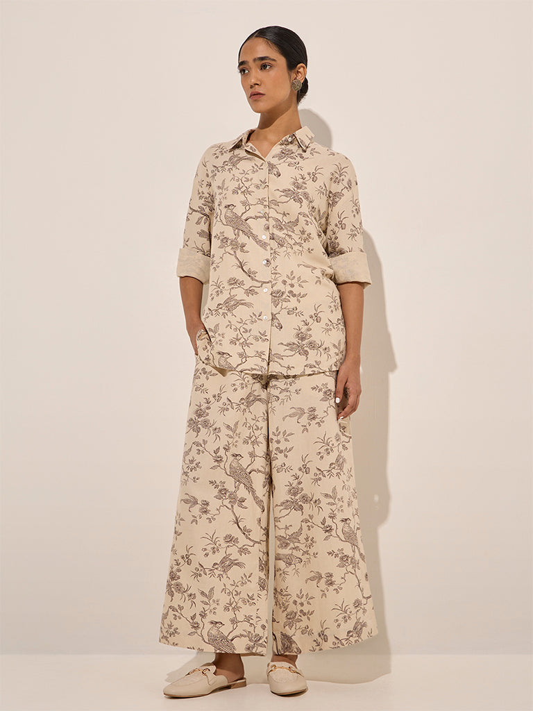 Zuba Beige Nature-Themed Cotton Palazzos - Image 3