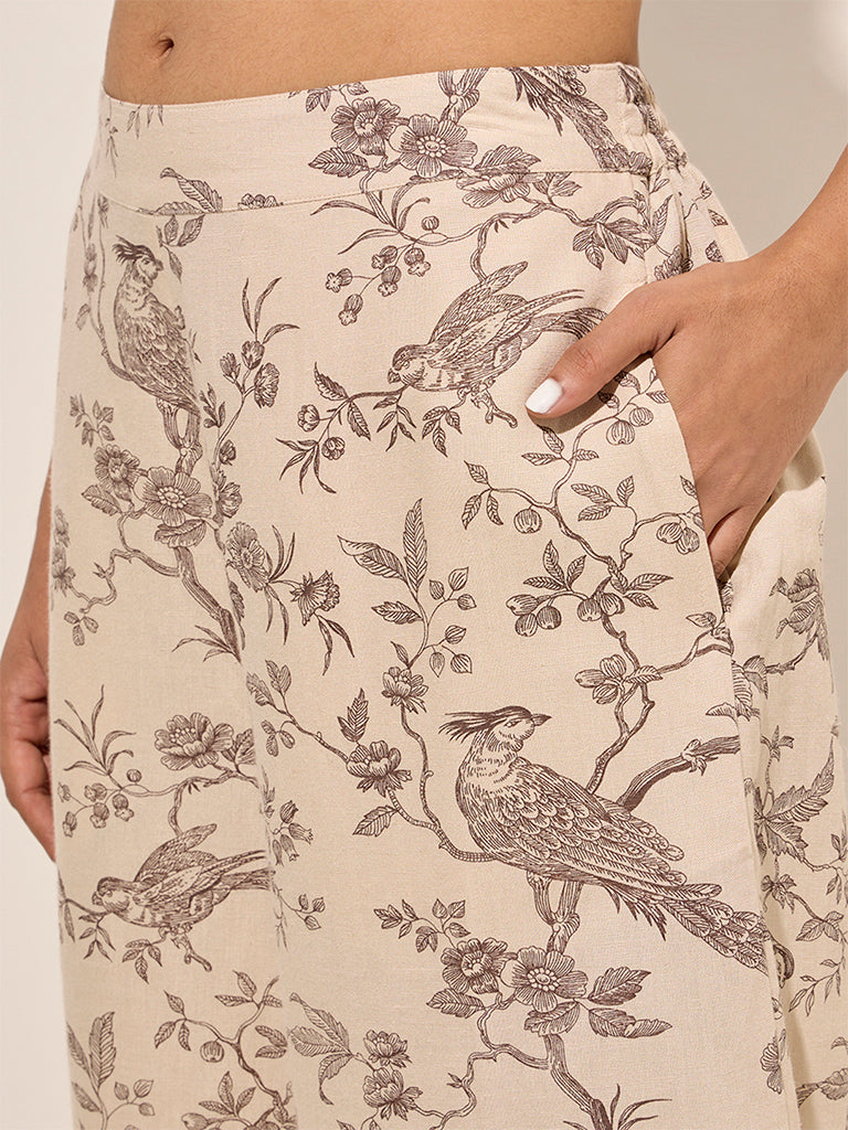 Zuba Beige Nature-Themed Cotton Palazzos - Image 4
