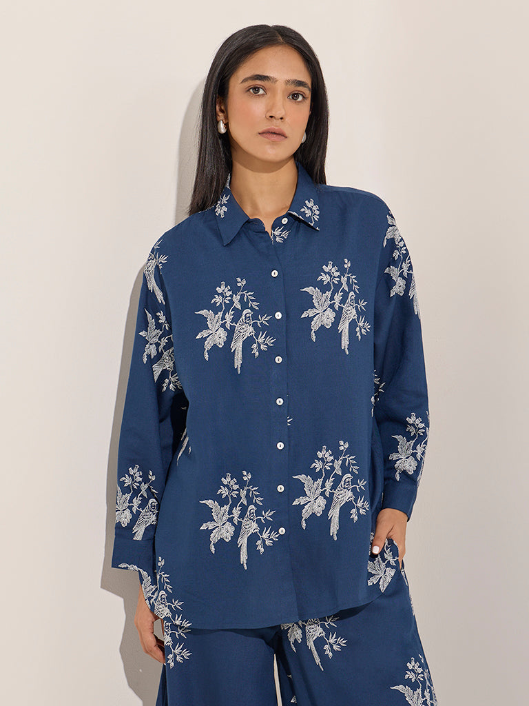 Zuba Blue Floral Printed High-Low Cotton-Blend Tunic - Image 3