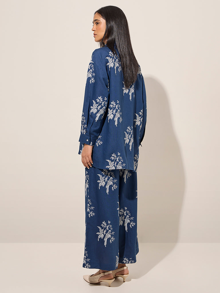 Zuba Blue Floral Printed High-Low Cotton-Blend Tunic - Image 4