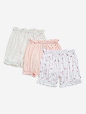 HOP Kids Ivory Floral Design Cotton Bloomers - Pack of 3
