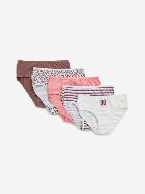 Y&F Kids Brown Printed Cotton Briefs - Pack of 5