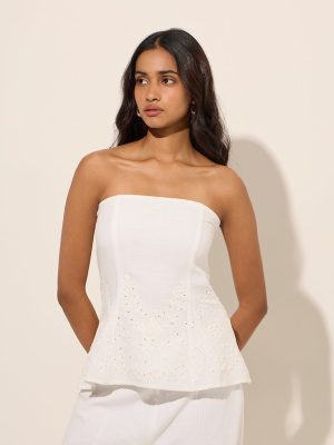 LOV White Schiffli-Detailed Cotton Peplum Top