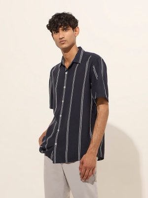 Ascot Navy Blue Striped Relaxed-Fit Shirt