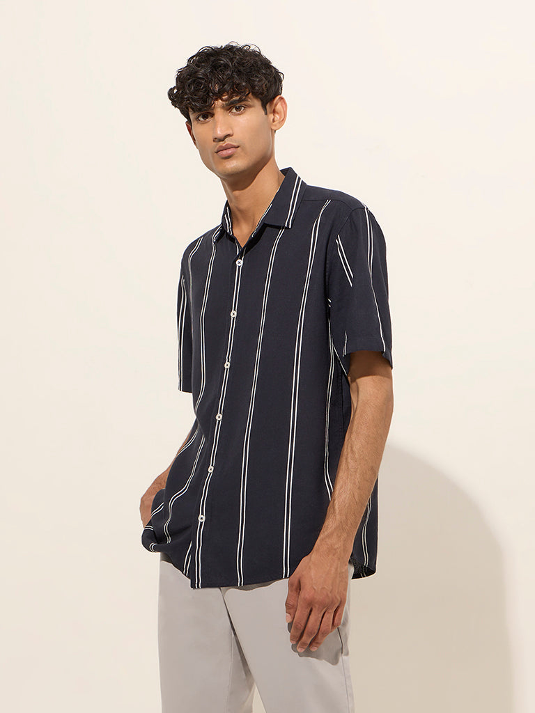 Ascot Navy Blue Striped Relaxed-Fit Shirt