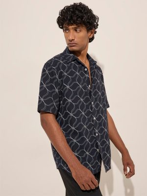 Ascot Navy Blue Patterned Relaxed-Fit Linen-Blend Shirt