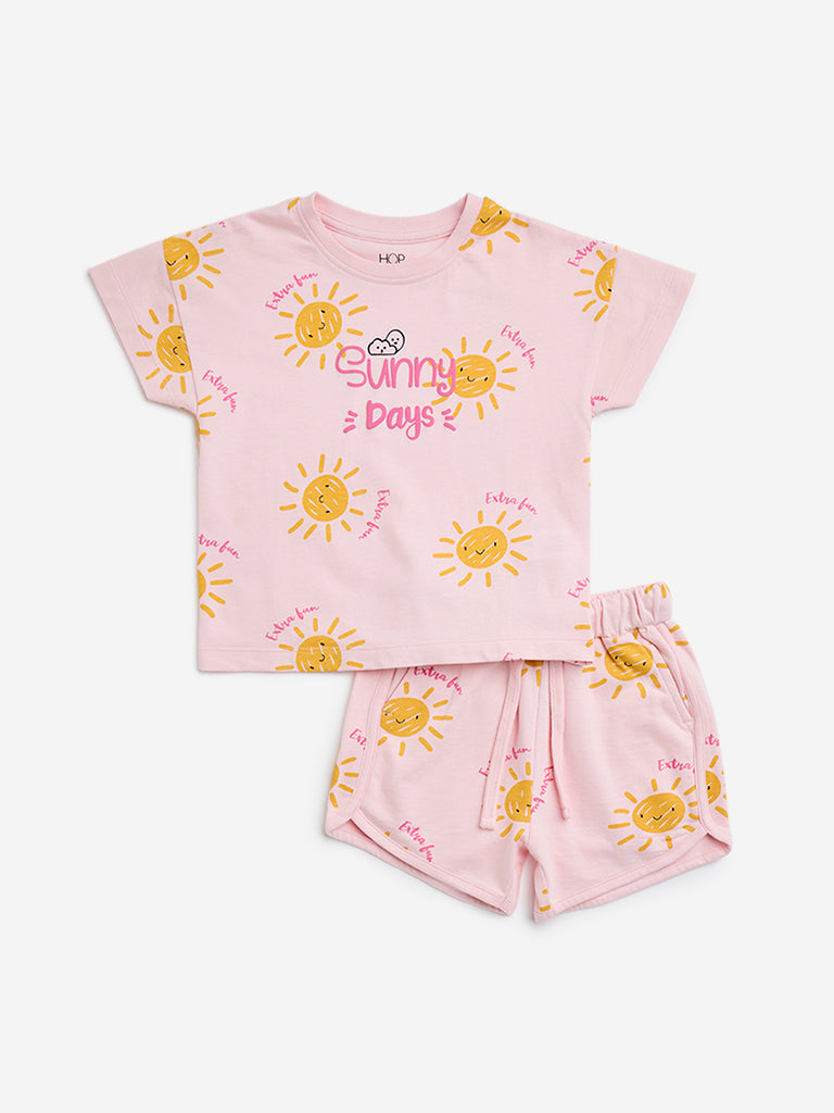 HOP Kids Pink Sun Printed Cotton T-Shirt with Shorts Set