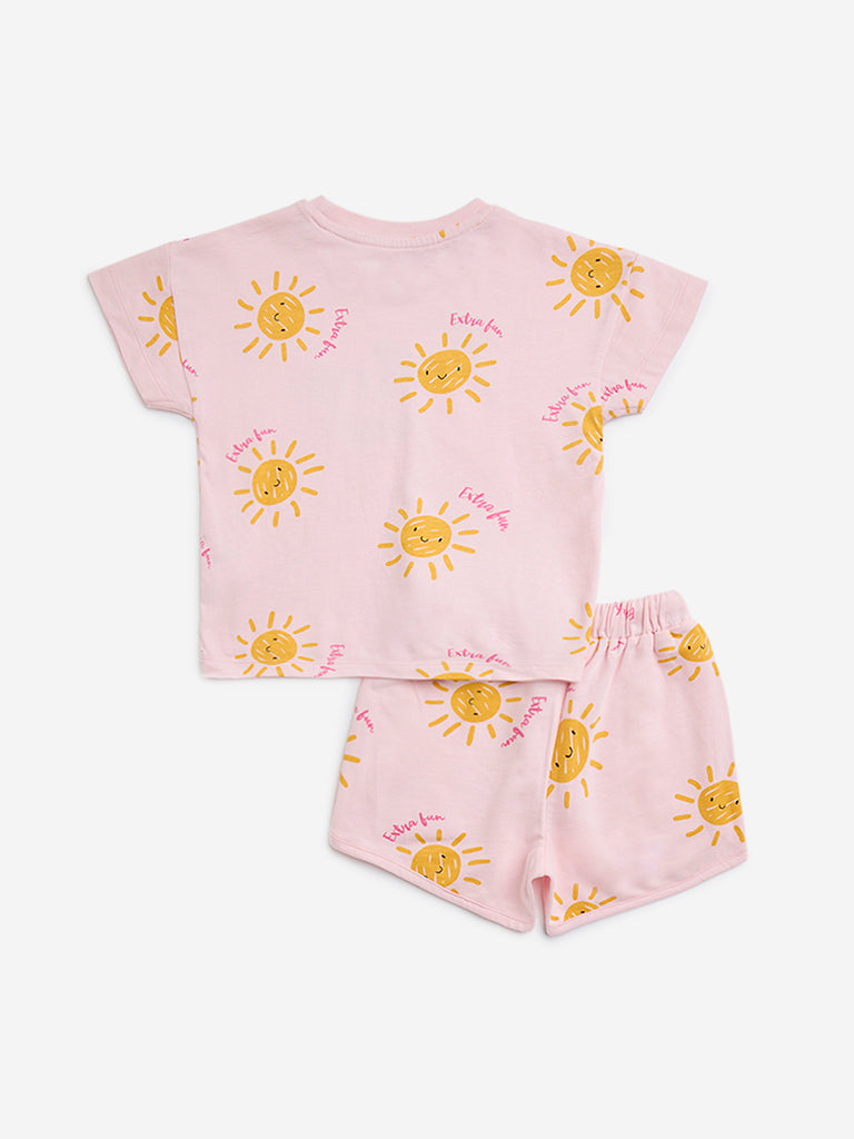 HOP Kids Pink Sun Printed Cotton T-Shirt with Shorts Set - Image 3