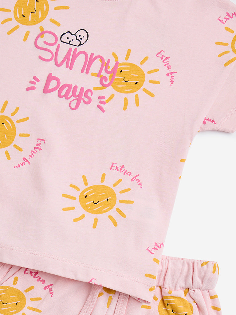 HOP Kids Pink Sun Printed Cotton T-Shirt with Shorts Set - Image 4