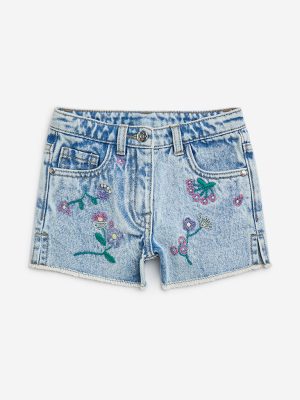 HOP Kids Light Blue Floral Design High-Rise Denim Shorts