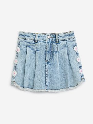 HOP Kids Light Blue Floral Embroidered High-Rise Denim Skort