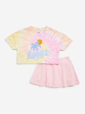 HOP Kids Pink Tie-Dye Design Cotton T-Shirt with Skirt Set