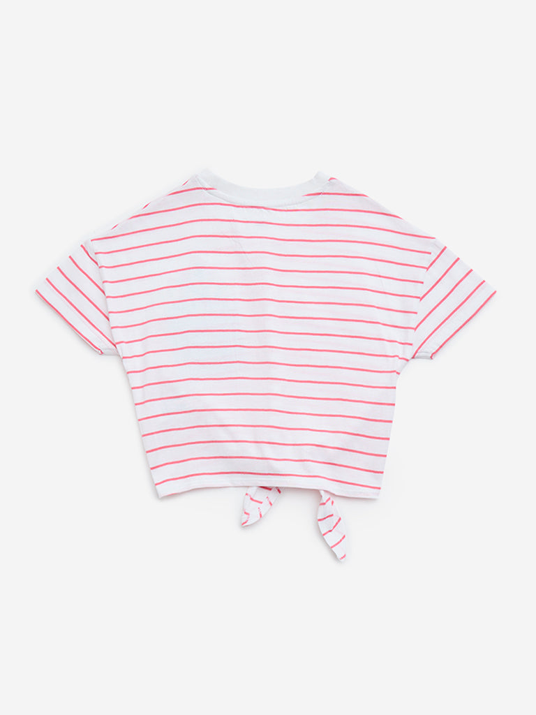 HOP Kids White Stripe Printed Cotton T-Shirt - Image 3