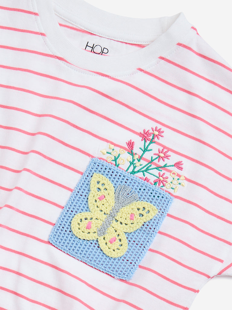 HOP Kids White Stripe Printed Cotton T-Shirt - Image 4