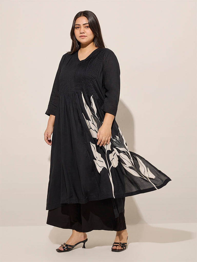 Diza Black Floral Printed A-Line Kurta - Image 3