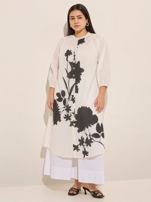 Diza White Floral Printed Cotton-Blend A-Line Kurta