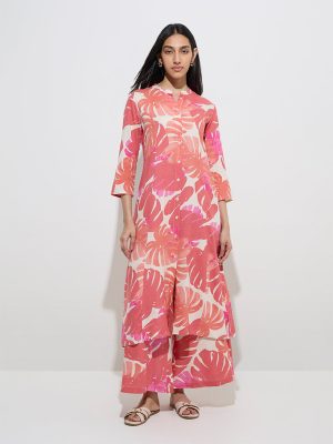 Utsa Dusty Pink Leaf Printed A-Line Kurta