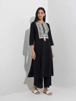 Utsa Black Floral Embroidered A-Line Cotton-Blend Kurta