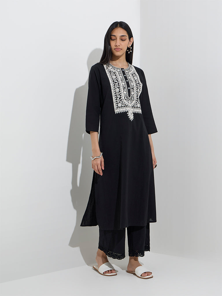 Utsa Black Floral Embroidered A-Line Cotton-Blend Kurta