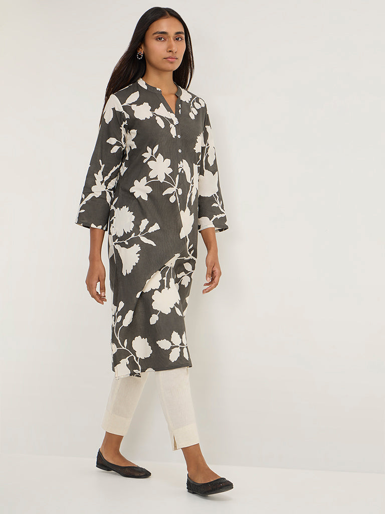 Utsa Charcoal Floral Printed Cotton Straight Kurta - Image 3