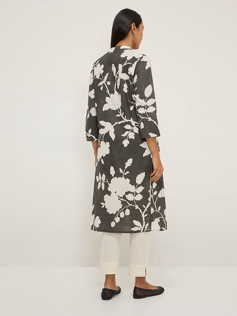 Utsa Charcoal Floral Printed Cotton Straight Kurta - Image 4